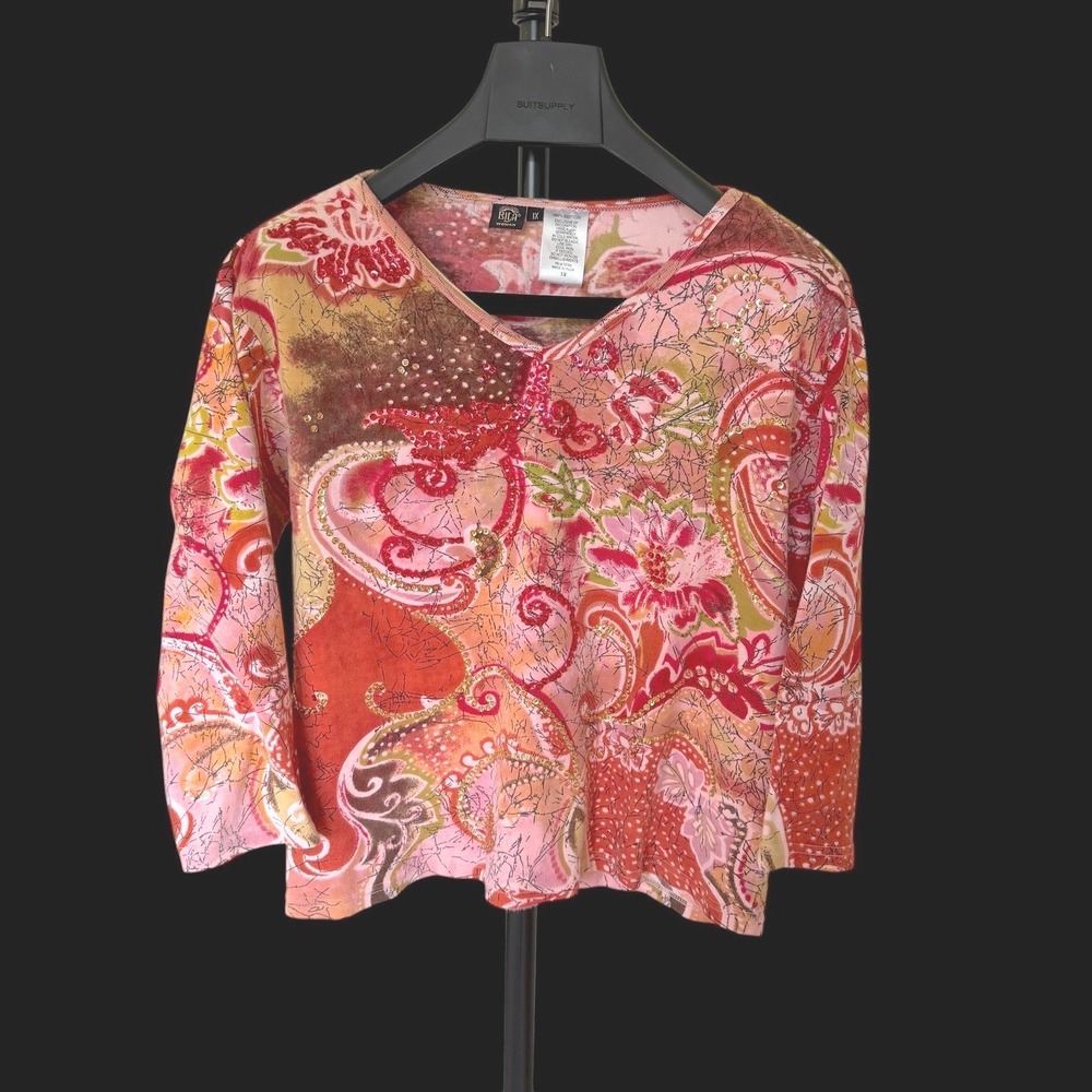 Y2K Boho Cotton Paisley Sequin V-Neck Top Pink Orange 3/4 Sleeve 1X